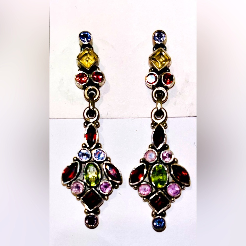 Jaipur India 925 Sterling Multicolor Gemstone Dangle Earrings